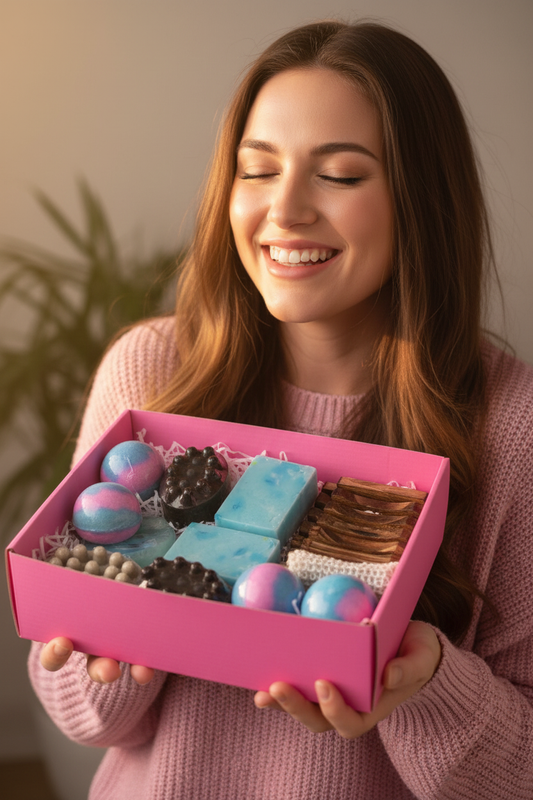 Handmade spa gift box featuring natural soaps and bath bombs by shovota, beautifully arranged for a relaxing experience.