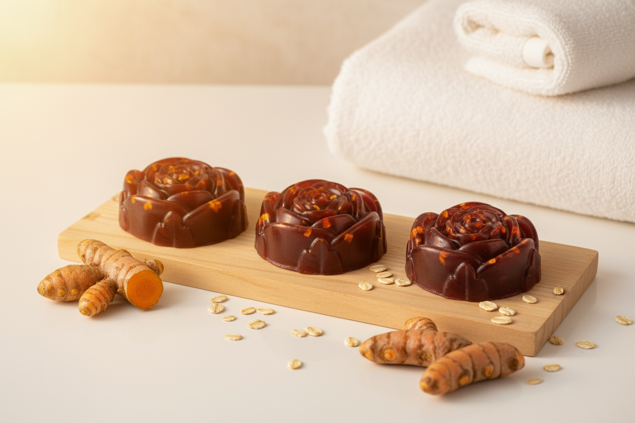 Three-pack of shovota turmeric and oatmeal soap with fresh ingredients for natural glow and gentle cleansing.