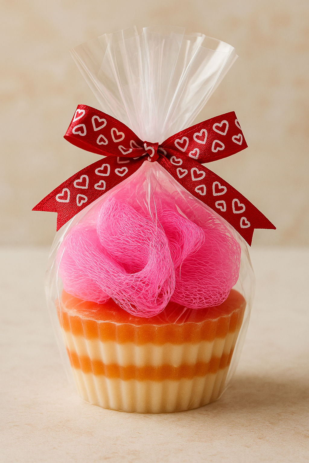 Exfoliating Cupcake Soap by SHOVOTA displayed with a fluffy bath puff, showcasing its colorful, cupcake-inspired design.