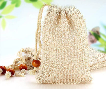 Natural sisal soap bags from shovota, eco-friendly, zero waste, showing five textured bags for exfoliating and storage.