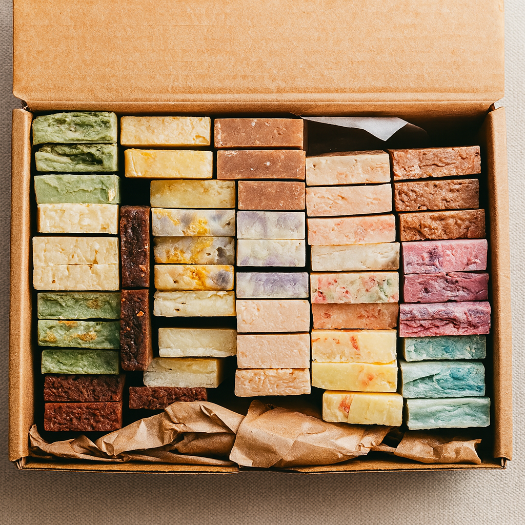 Cajas de jabones artesanales Shovota con 40 fragancias naturales en un colorido display para cuidado personal y emprendimiento.