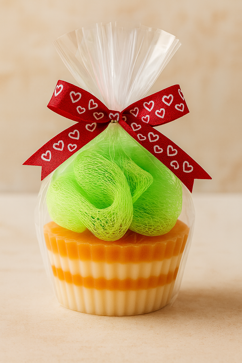 Exfoliating Cupcake Soap by SHOVOTA displayed alongside a bath puff, showcasing its colorful, cupcake-inspired design.
