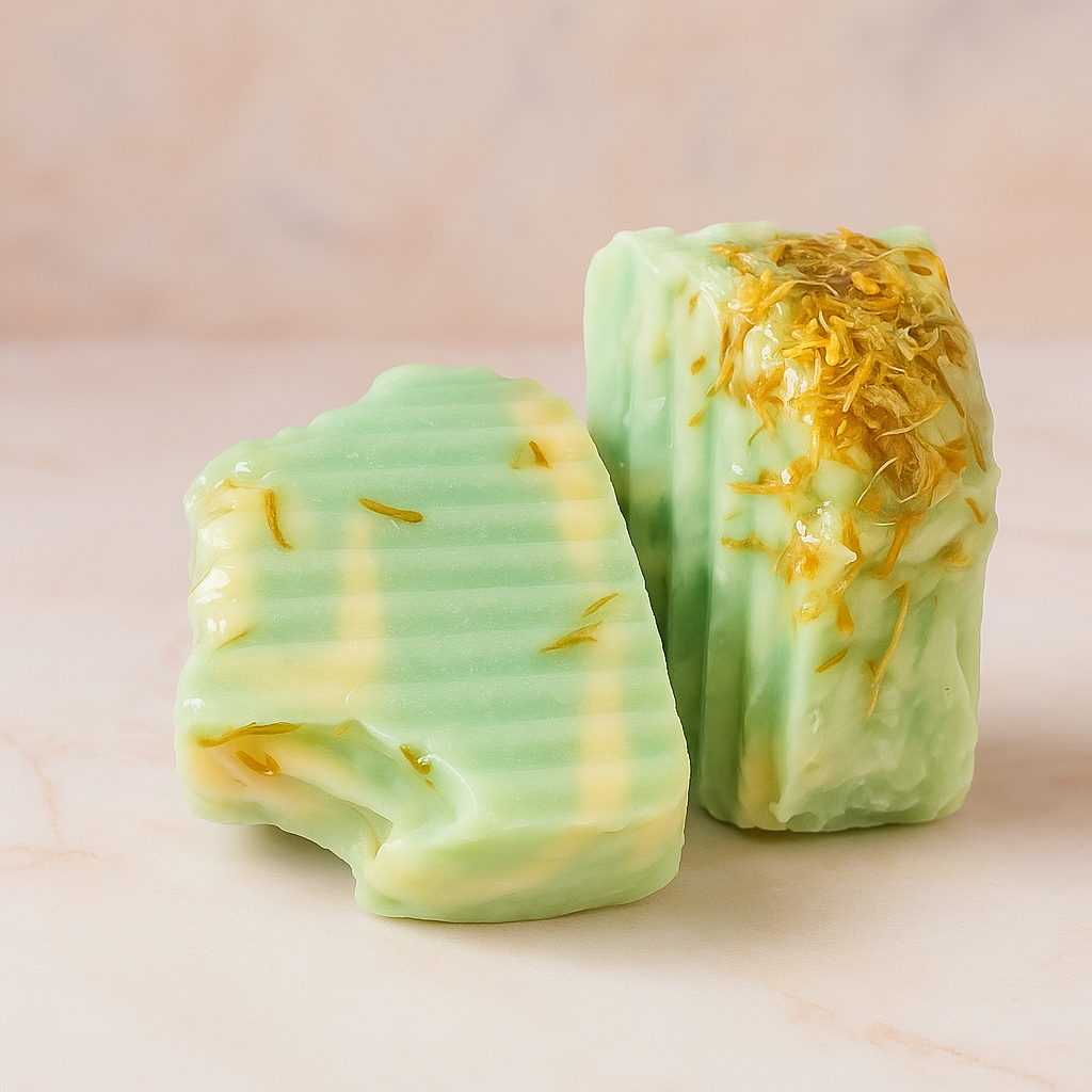 SHOVOTA Calendula & Pure Mint Soap 130g, handcrafted bar with floral and minty texture, ideal for sensitive skin.