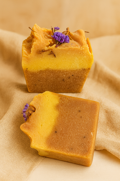 Chia, banana, and everlasting flower soap by SHOVOTA in a 120g bar, showcasing a natural texture and floral design.