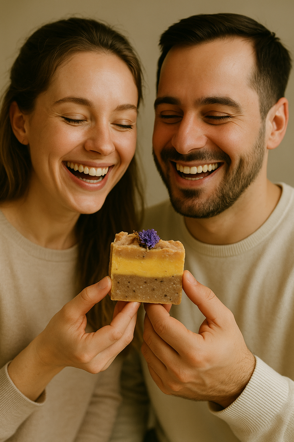 Chia, Banana & Everlasting Flower Soap by SHOVOTA in a 120g bar, showcasing natural ingredients and a creamy texture.