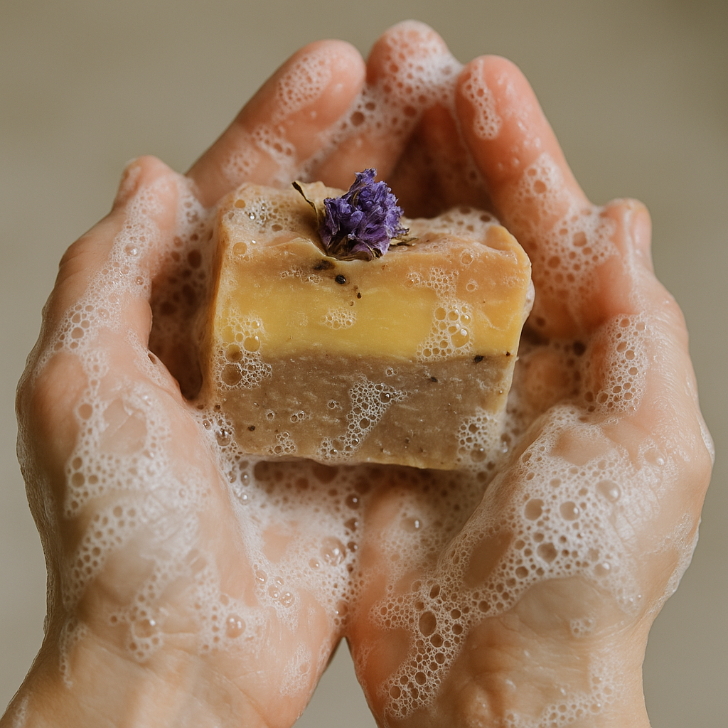 SHOVOTA Chia, Banana & Everlasting Flower Soap in a 120g bar, showcasing its natural ingredients and texture.
