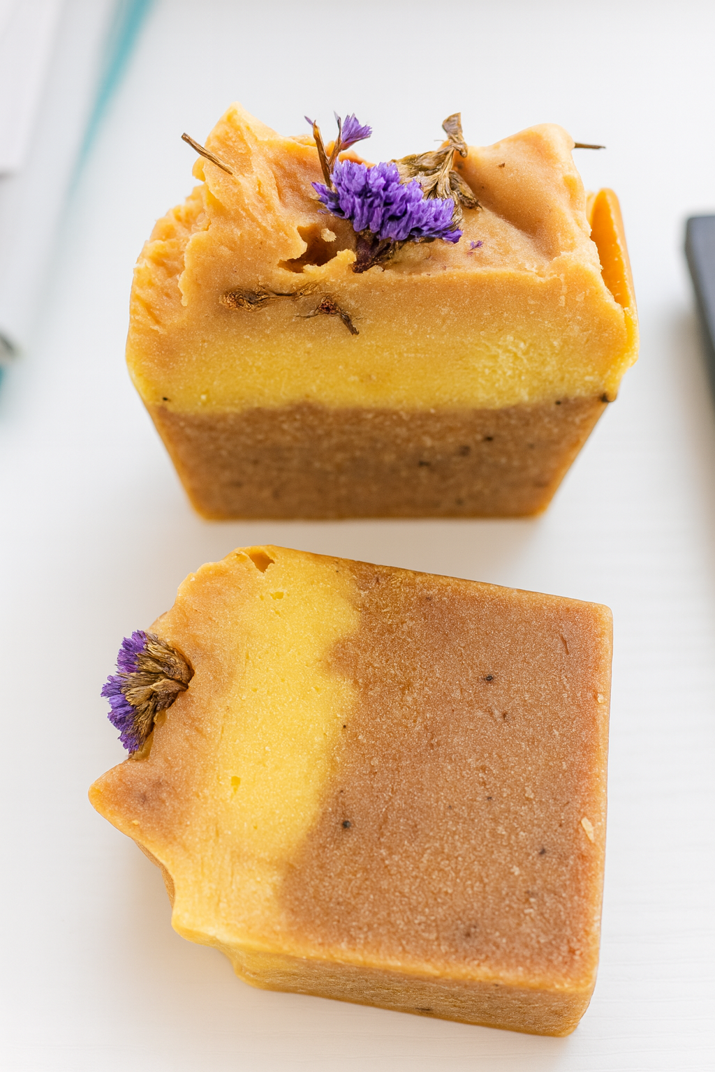 SHOVOTA Chia, Banana & Everlasting Flower Soap in a 120g bar, showcasing natural ingredients and a smooth texture.