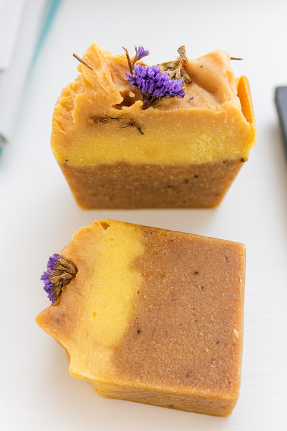 SHOVOTA Chia, Banana & Everlasting Flower Soap in a 120g bar, showcasing natural ingredients and a smooth texture.