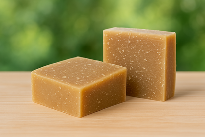 Handmade oatmeal and honey soap by SHOVOTA, showcasing a textured bar with natural ingredients for sensitive skin.