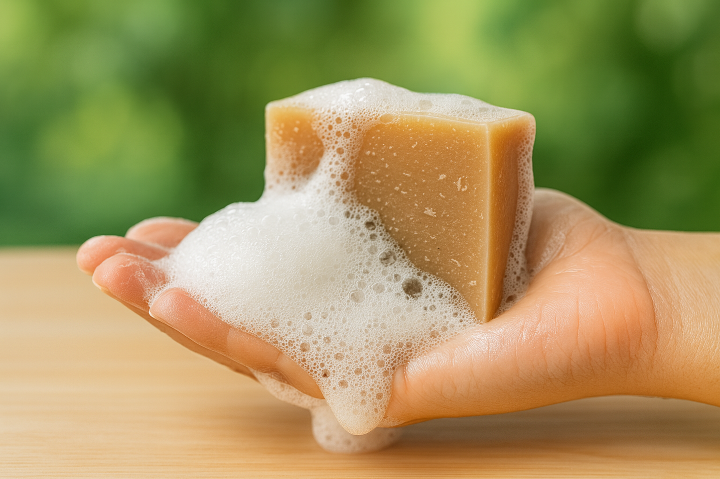 Handmade SHOVOTA oatmeal and honey soap bar on a wooden surface, showcasing its creamy texture and natural ingredients.