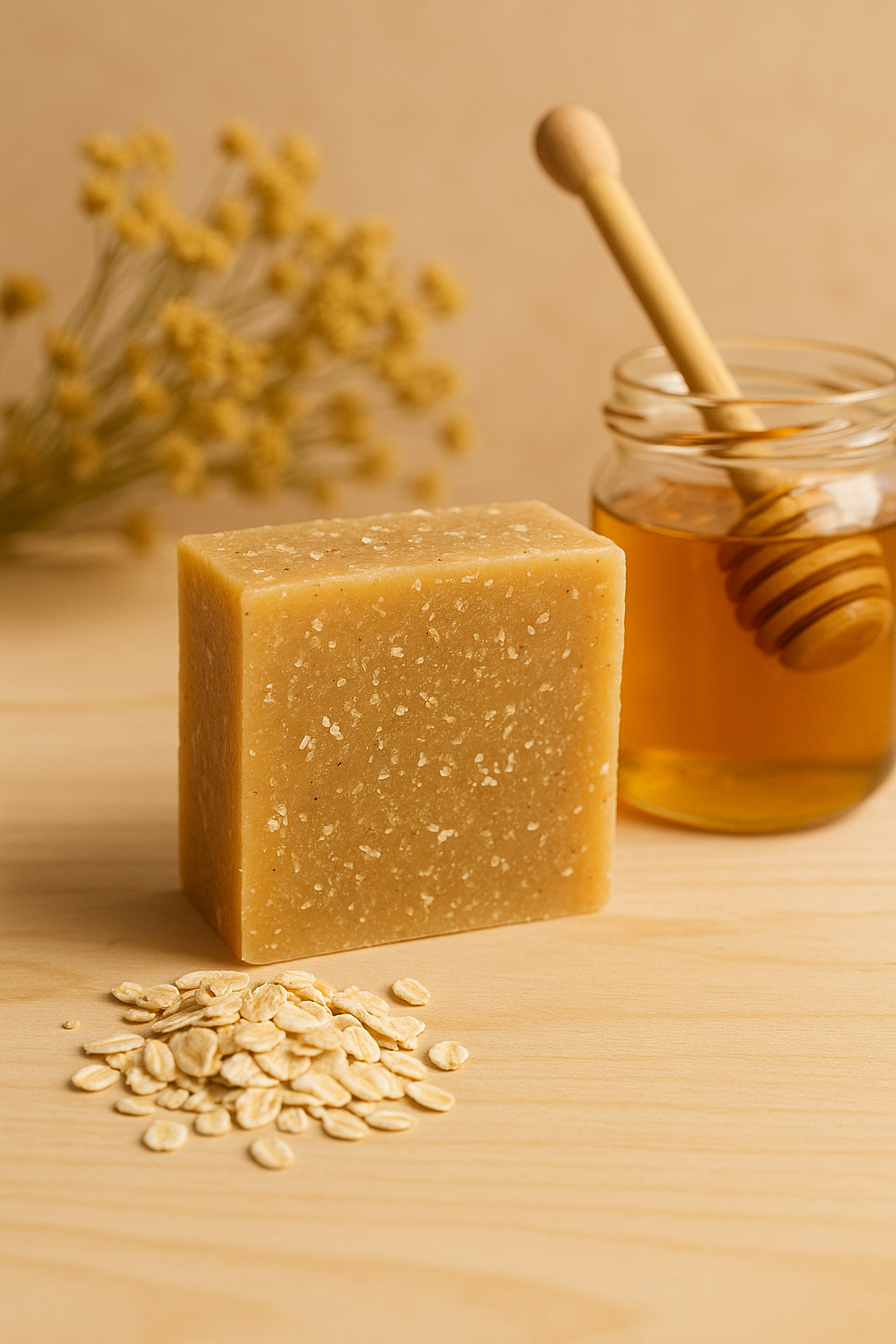 Handmade SHOVOTA oatmeal and honey soap bar on a wooden surface, showcasing its creamy texture and natural ingredients.