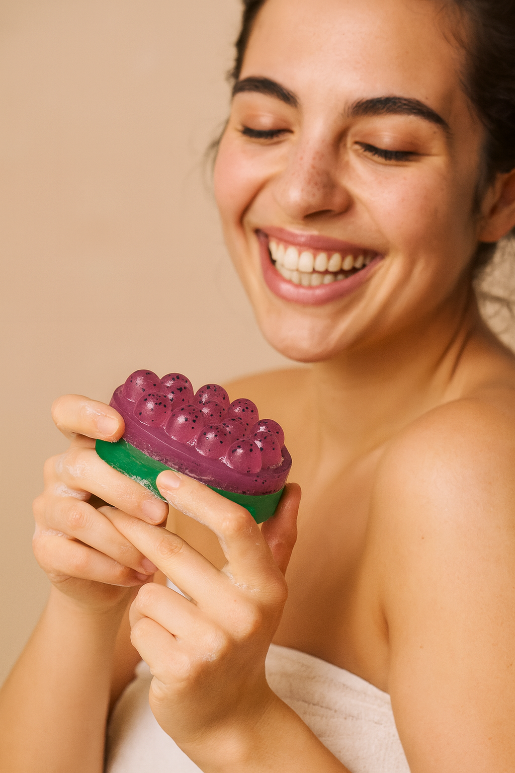 Handmade glycerin soap by shovota, shaped like a watermelon slice with vibrant colors and a fresh natural appearance.