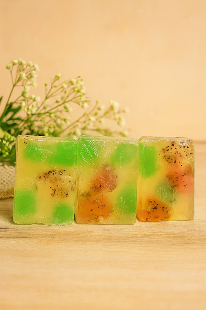 Artisanal watermelon, mint, and chia soap by shovota, showcasing vibrant colors and natural ingredients for hydration.