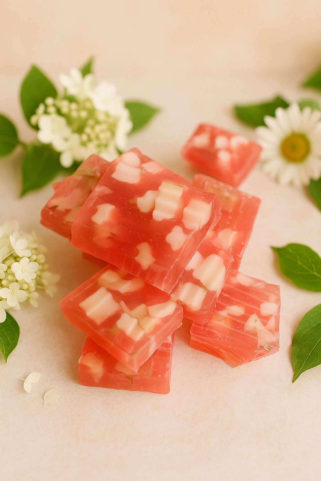 Artisanal watermelon and coconut soap by shovota, showcasing vibrant colors and a textured surface for hydration and nourishment.
