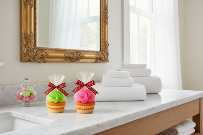Exfoliating Cupcake Soap by SHOVOTA displayed with a bath puff in a stylish bathroom decor setting.