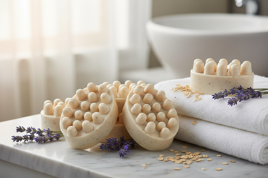 Oatmeal and goat's milk soap by shovota displayed in a bathroom setting with oats and soft textures for gentle hydration.