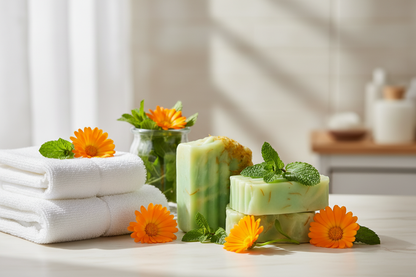 Calendula & Pure Mint Soap by SHOVOTA in a botanical bathroom setting, featuring natural ingredients for sensitive skin.