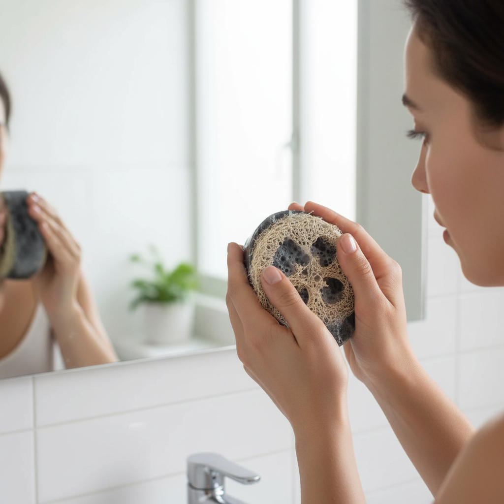 Activated charcoal soap with exfoliating sponge for deep pore cleansing by shovota, featuring a textured surface for face exfoliation.