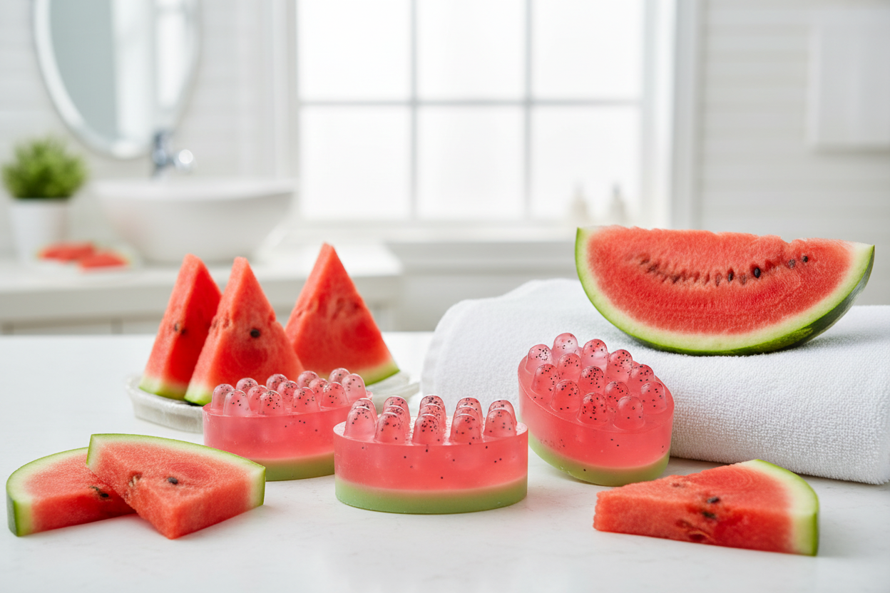 Handmade glycerin soap with watermelon in a fresh spa setting, showcasing natural colors and textures by Shovota.