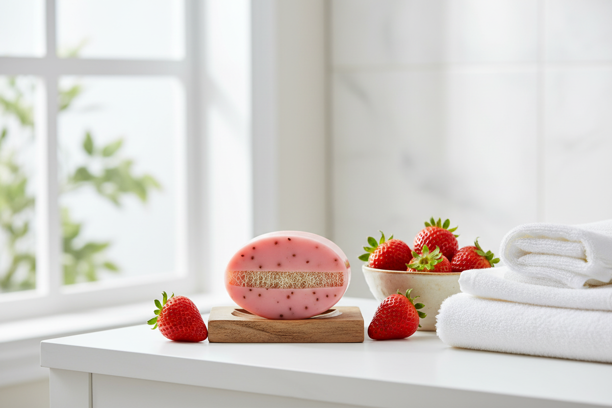 Strawberry and luffa soap by Shovota in a fruity spa setting, highlighting its exfoliating and moisturizing features.