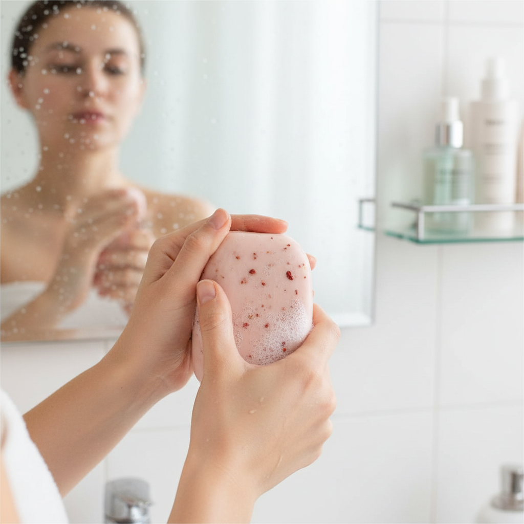 Strawberry and luffa soap by Shovota, showcasing its textured surface ideal for gentle face exfoliation.