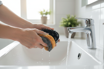 Hands creating lather with shovota activated charcoal soap and exfoliating sponge for deep pore cleansing.