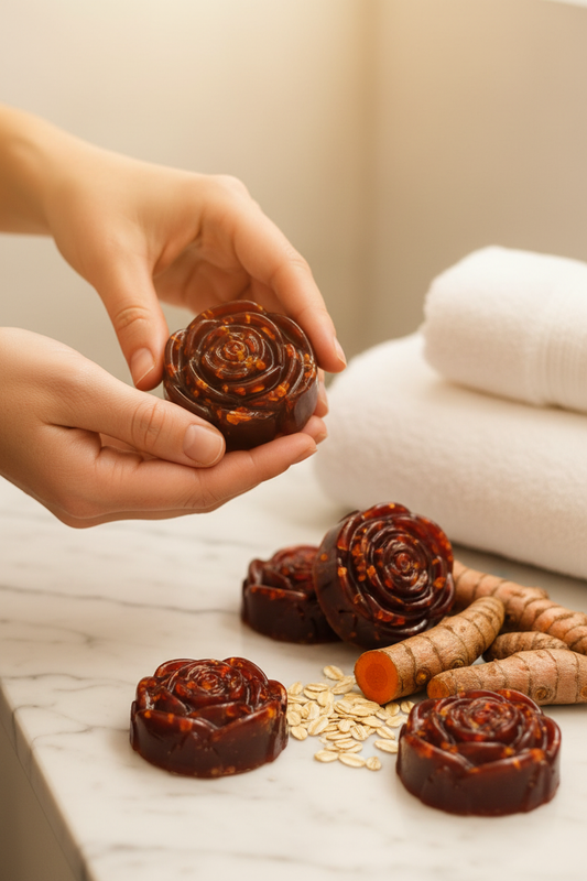 Three bars of shovota turmeric and oatmeal soap packaged together, showcasing their natural glow and gentle cleansing properties.