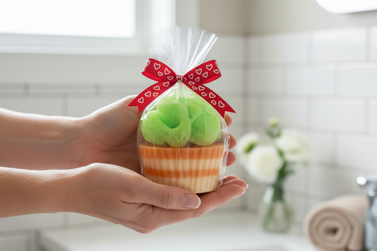 Person holding SHOVOTA Cupcake Soap in Exfoliating Bath Puff Edition, showcasing its colorful, cupcake-like design.