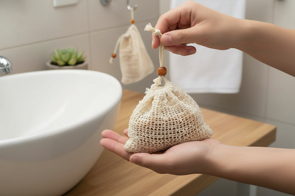 Natural sisal soap bags from shovota held in hand, showcasing eco-friendly and exfoliating design for zero waste.