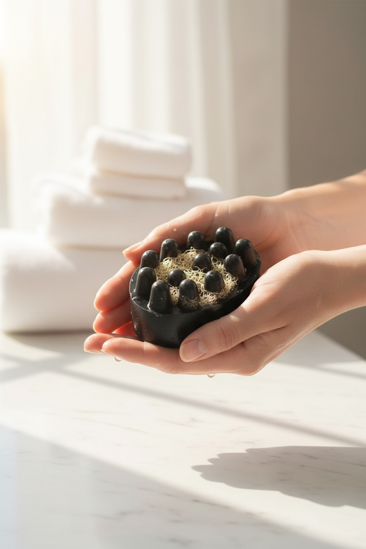 Activated charcoal soap with exfoliating sponge in hand, set in a bathroom for deep pore cleansing and detox.