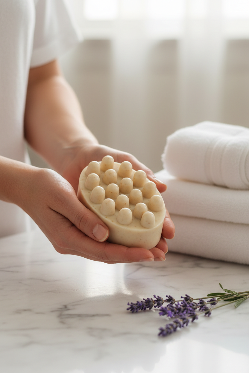 Hand holding shovota oatmeal and goat's milk soap with lavender, highlighting its gentle hydration for sensitive skin.