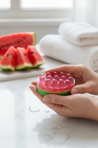 Handmade glycerin soap with a watermelon design, showcasing its natural freshness and transparent texture by shovota.