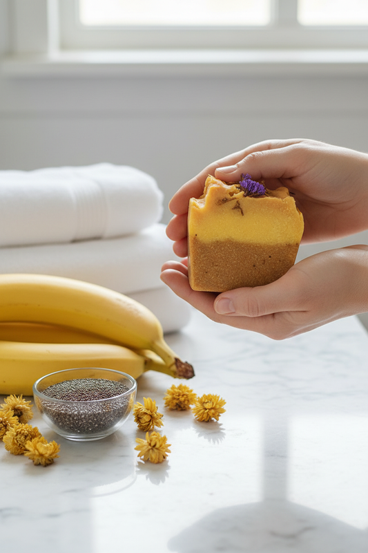 Chia, banana, and everlasting flower soap by SHOVOTA with botanical ingredients in a natural setting.