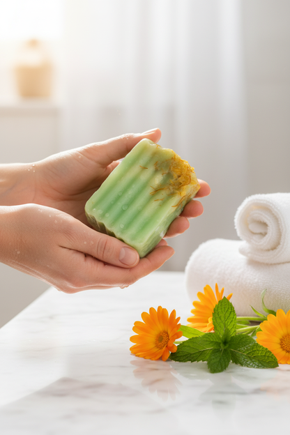 Handcrafted SHOVOTA calendula and pure mint soap with calendula flowers, designed for sensitive skin, fragrance-free.