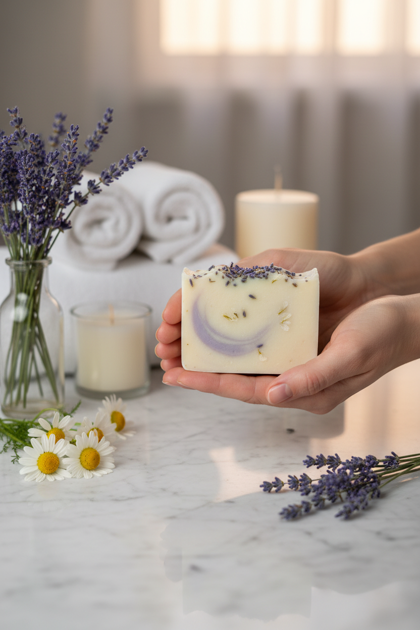Artisanal lavender and chamomile soap by shovota held with fresh flowers, promoting relaxation and better sleep.
