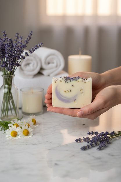 Artisanal lavender and chamomile soap by shovota held with fresh flowers, promoting relaxation and better sleep.