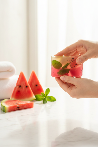 Handcrafted shovota watermelon, mint & chia soap surrounded by fresh ingredients for natural hydration.