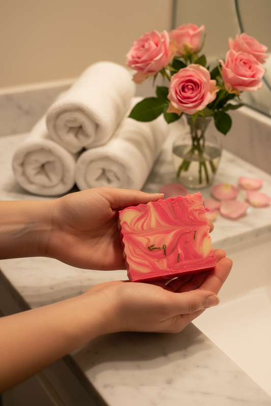 Handmade Premium Rose Soap by Shovota, surrounded by fresh roses, showcasing its natural moisturizing qualities.
