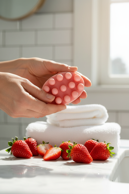 Hand holding Shovota strawberry and luffa soap with fresh strawberries in the background, showcasing its exfoliating texture.