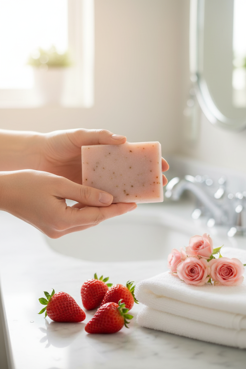 Hand holding shovota Strawberry & Rose Soap with fresh strawberries and roses in the background.
