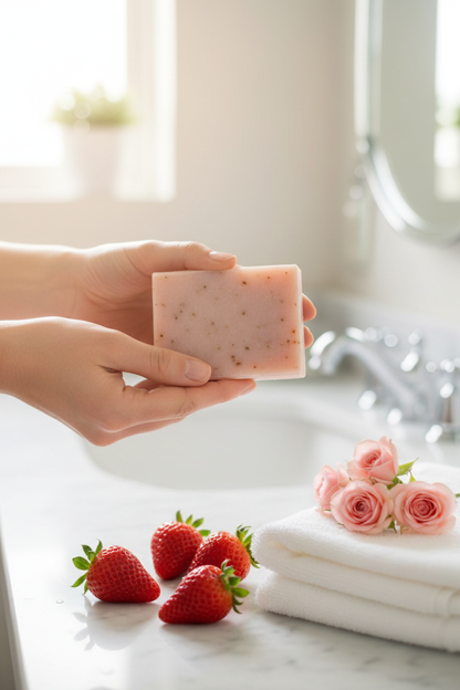 Hand holding shovota Strawberry & Rose Soap with fresh strawberries and roses in the background.