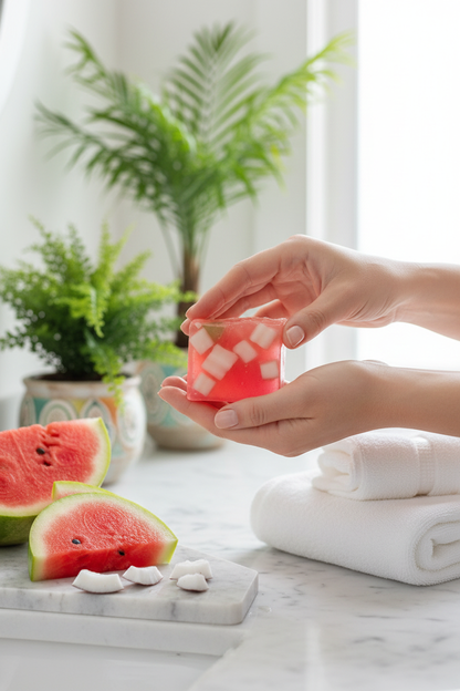 Hand holding shovota Watermelon & Coconut Soap with tropical ingredients, showcasing its hydrating and nourishing properties.