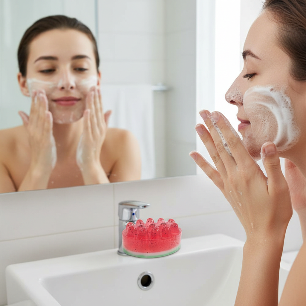 Handmade glycerin soap with watermelon, showcasing natural freshness and hydrating properties on a clean surface.