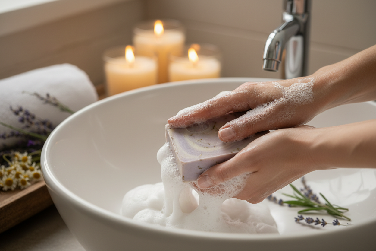 Lavender and chamomile soap by shovota in a 100g bar, ideal for relaxation and promoting better sleep.