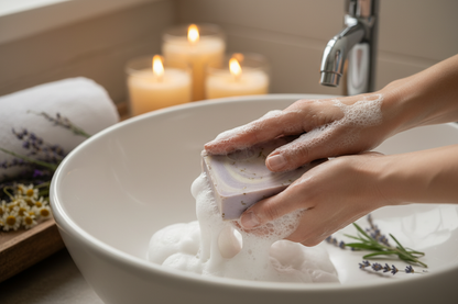 Lavender and chamomile soap by shovota in a 100g bar, ideal for relaxation and promoting better sleep.