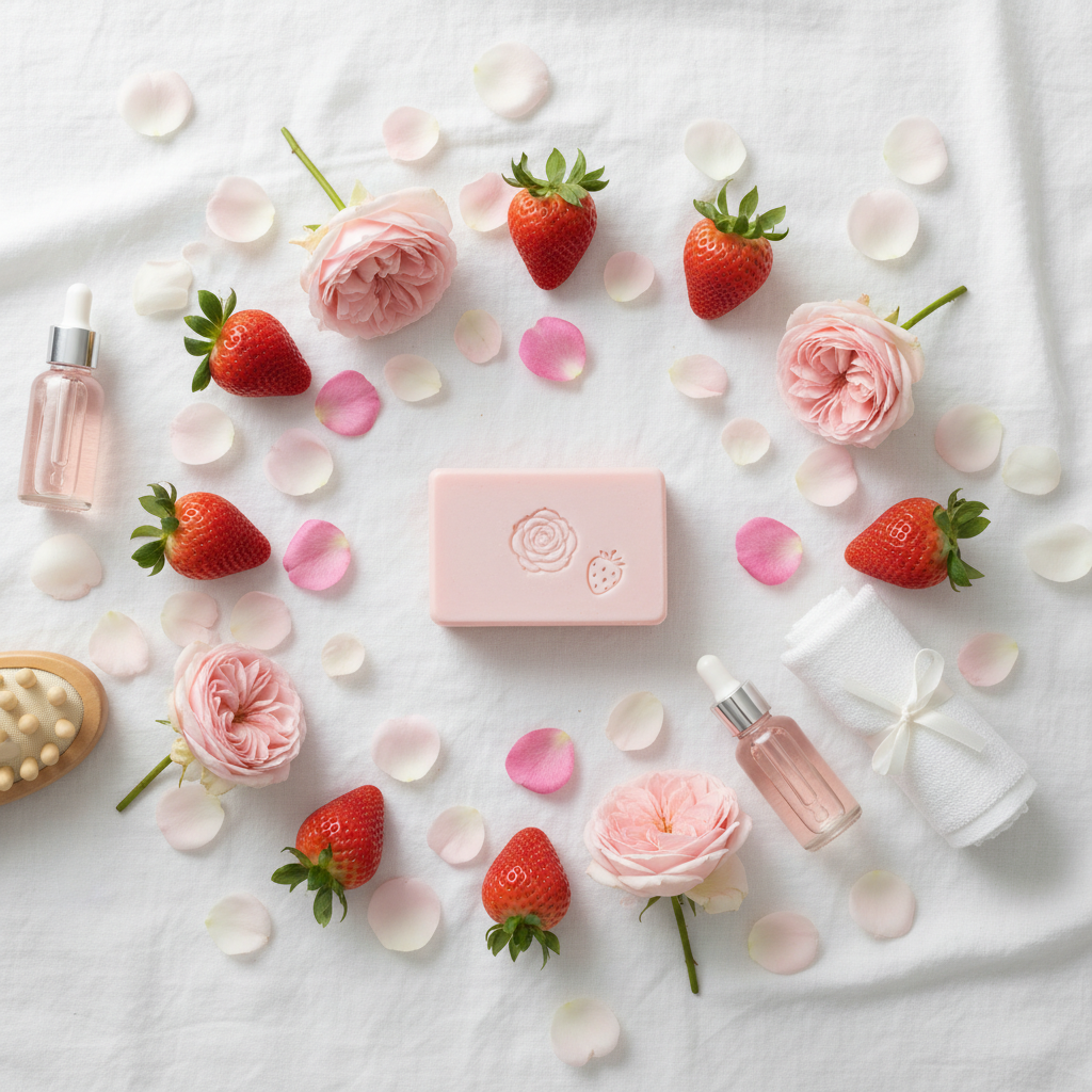 Strawberry & rose soap by shovota, showcasing a luxurious bar with vibrant colors and a floral design.