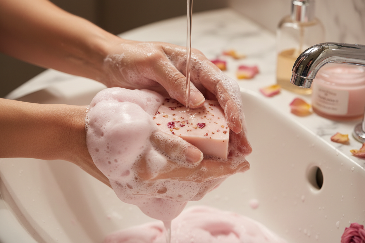Artisan strawberry and rose soap by shovota, showcasing a vibrant pink bar with floral details in a luxurious presentation.