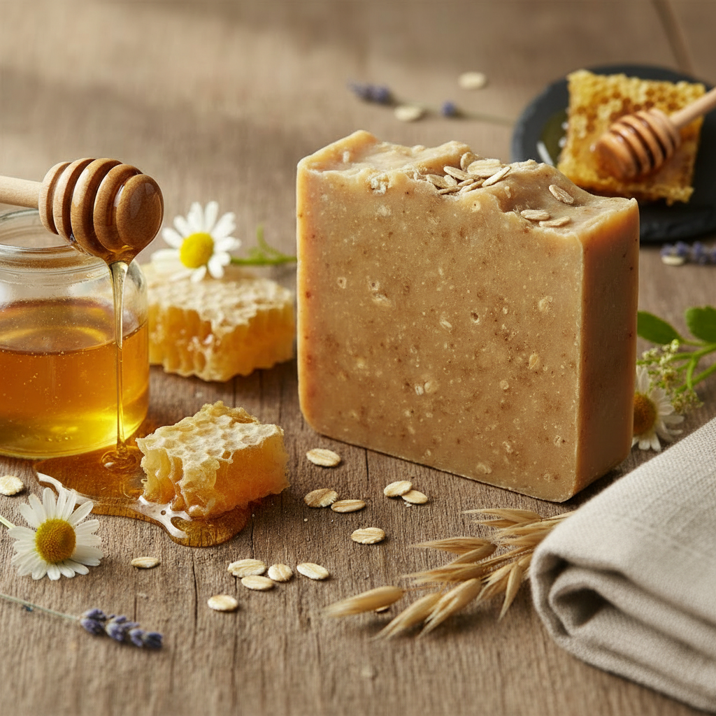Oatmeal and honey handmade soap on rustic wood with honeycomb and oats - spa lifestyle photo