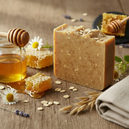 Oatmeal and honey handmade soap on rustic wood with honeycomb and oats - spa lifestyle photo