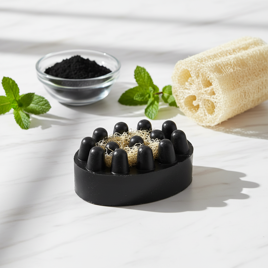 Activated charcoal detox soap bar on white marble with mint leaves and natural loofah sponge